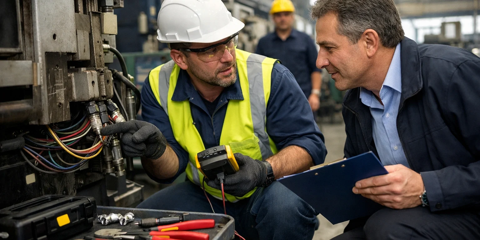 técnico inspecciona periféricos en máquina, servicio tecnico de perifericos para la industria del plastico