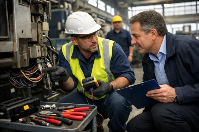 técnico inspecciona periféricos en máquina, servicio tecnico de perifericos para la industria del plastico