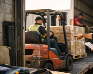 Trabajador carga pedido urgente Stebo en camión en muelle, preparación logística por distribuidor oficial de stebo
