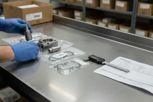 Piezas originales de distribuidor de periféricos para la industria del plástico organizadas en taller técnico
